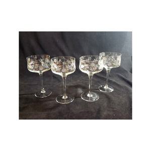 Set of 4 Vintage Crystal Daisy Etched Large Coupe Glasses Beautiful 12 oz